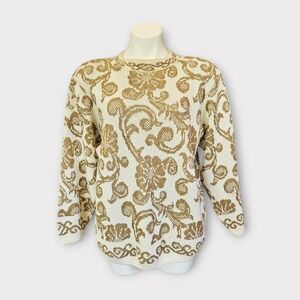 Alfred Dunner Metallic Gold & Cream Floral Damask Knit Pullover Sweater